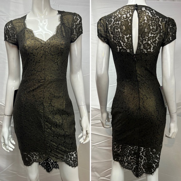 Bebe NWT $169 Women's 2 Gold Scallop Lace Metallic Sheath Cocktail Party Dress - Picture 2 of 11
